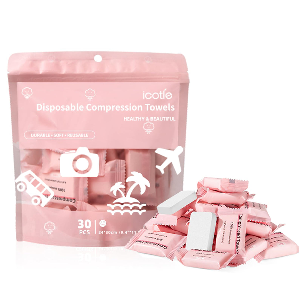 ICOTLE front packaging showing 30 compressed towels and portability benefit