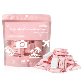 ICOTLE front packaging showing 30 compressed towels and portability benefit