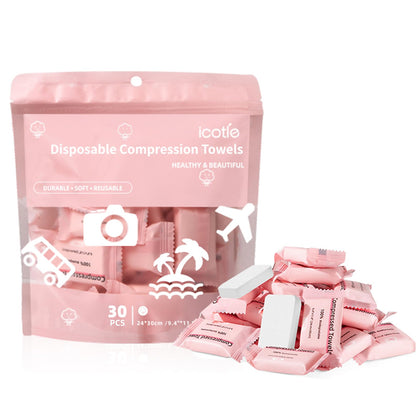 ICOTLE front packaging showing 30 compressed towels and portability benefit