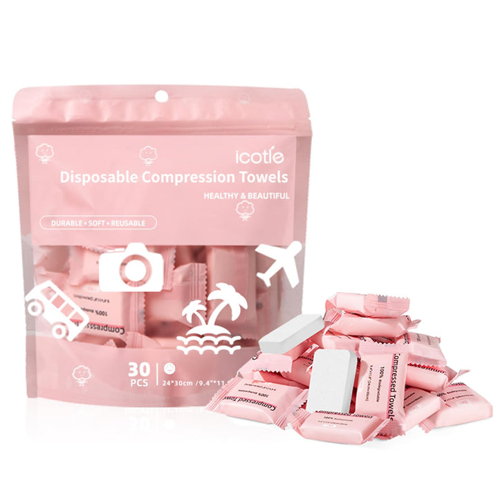 ICOTLE front packaging showing 30 compressed towels and portability benefit