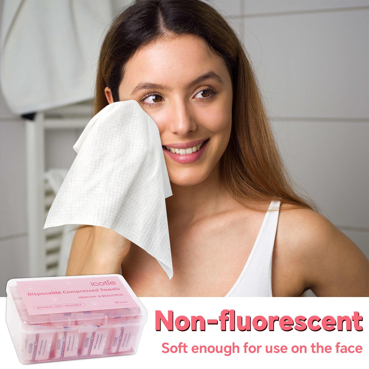 ICOTLE towel used in bathroom for makeup removal, gentle on skin benefit