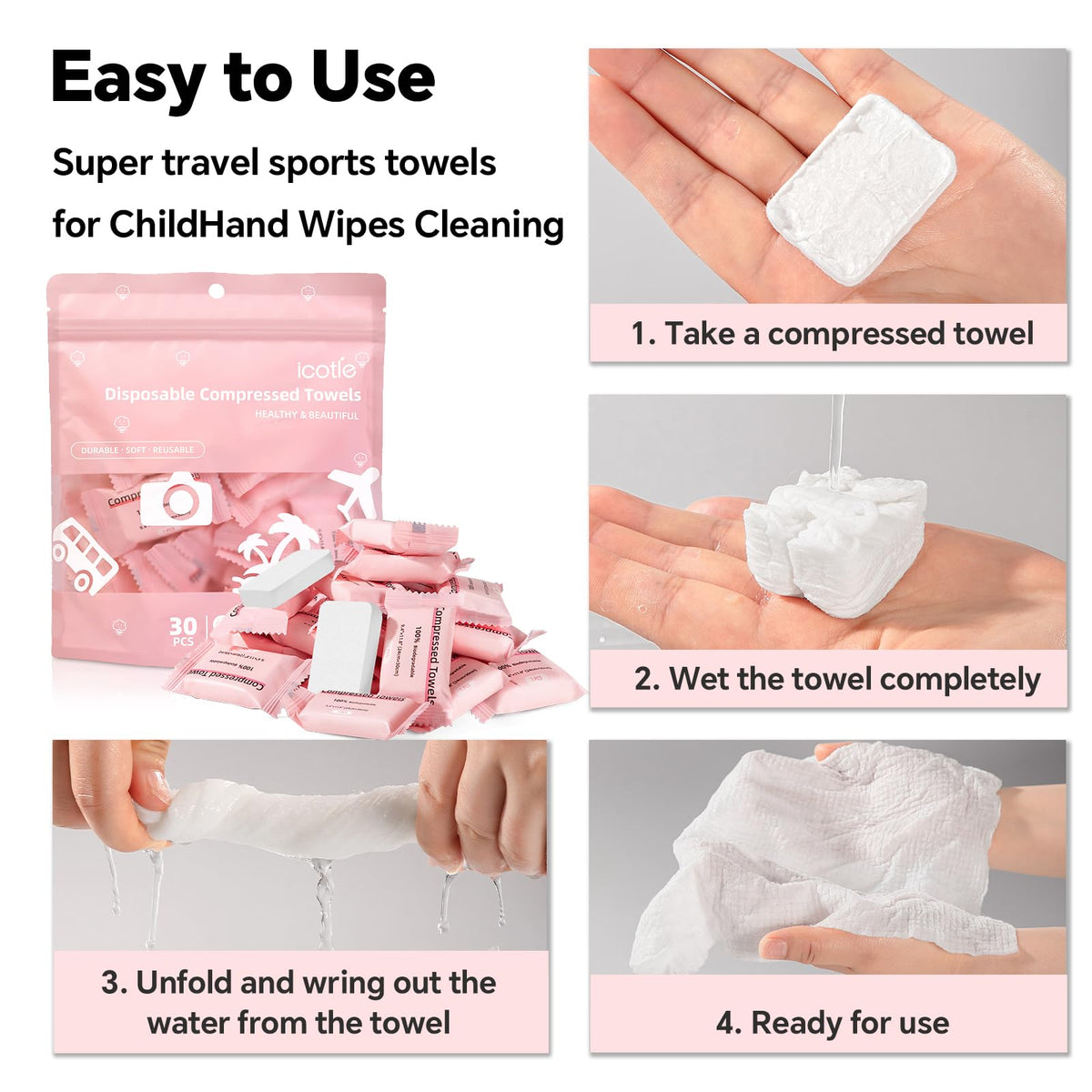 ICOTLE towel in hand showing scale and travel convenience benefit