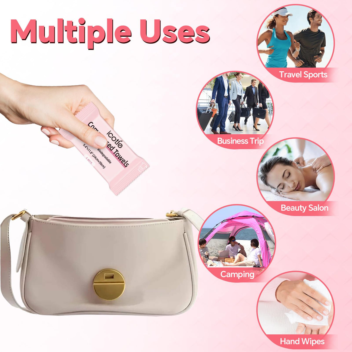 ICOTLE towels packed inside a travel bag illustrating space-saving convenience