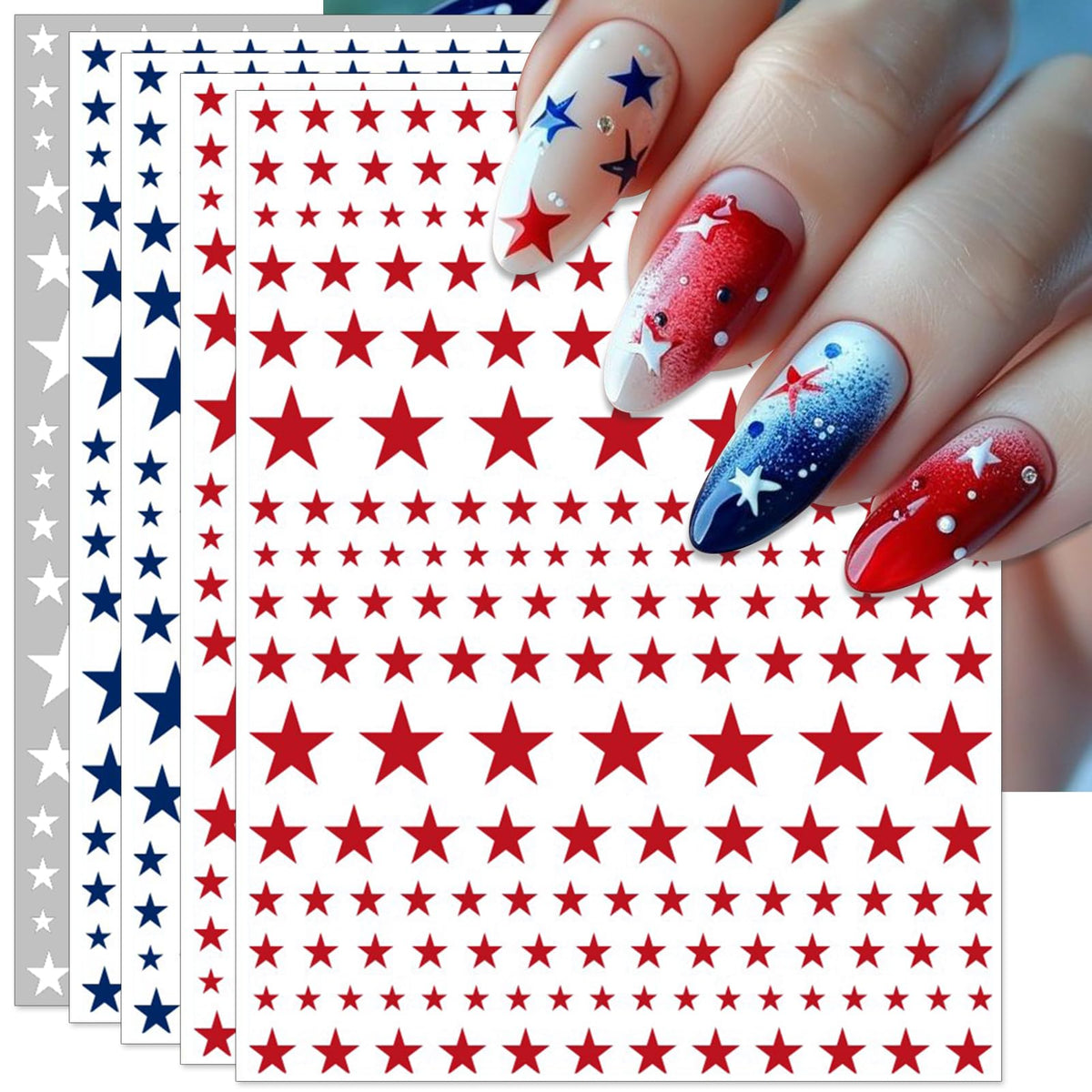 IDDFEVE front packaging showing six sheets and bold patriotic stars enhances party-ready nails