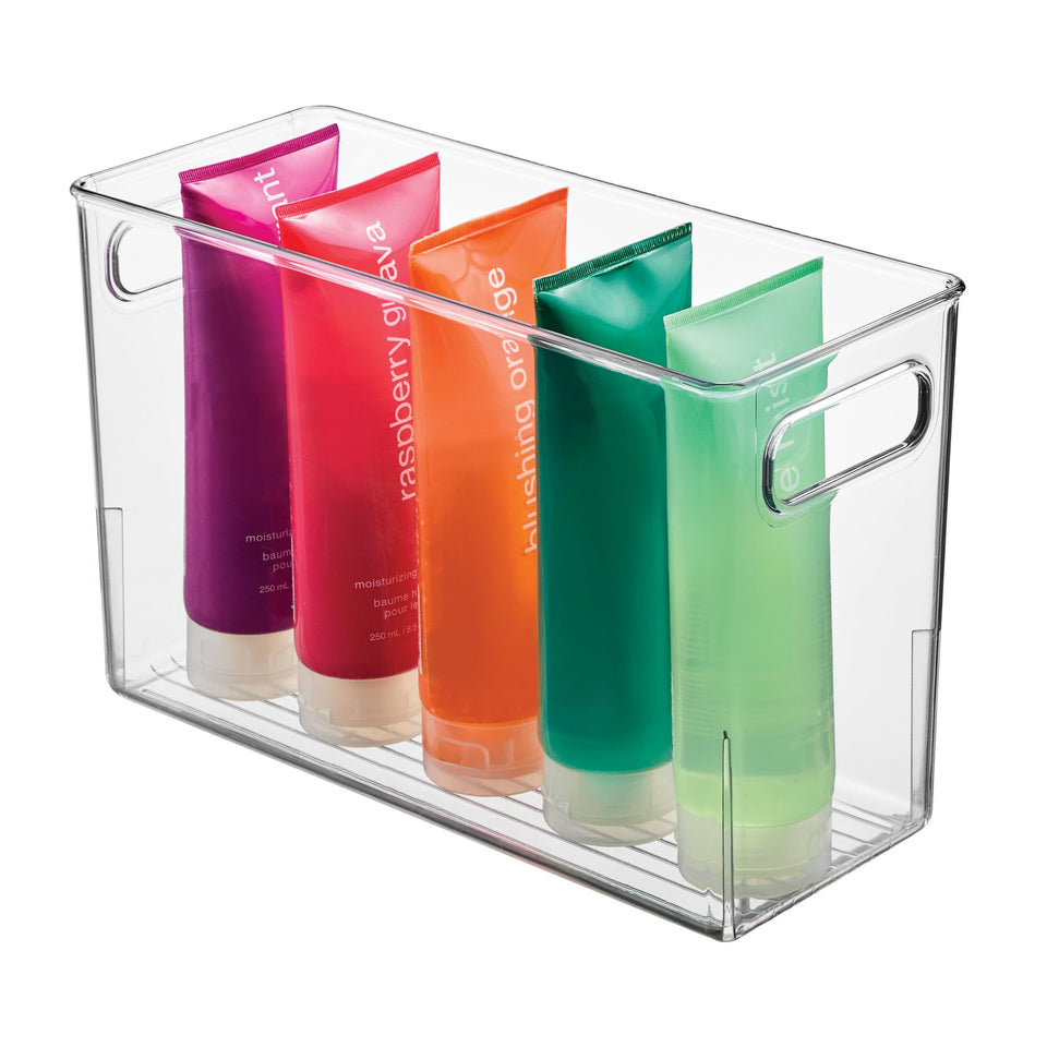 iDesign front view showing clear slim bin and organized toiletries benefit visibility