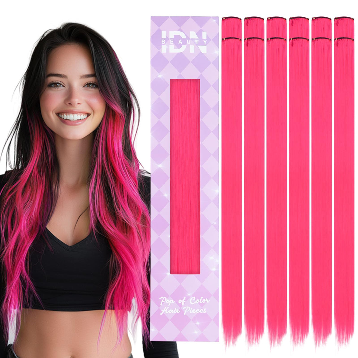 IDN BEAUTY front packaging showing hot-pink clip-in set and benefit instant color