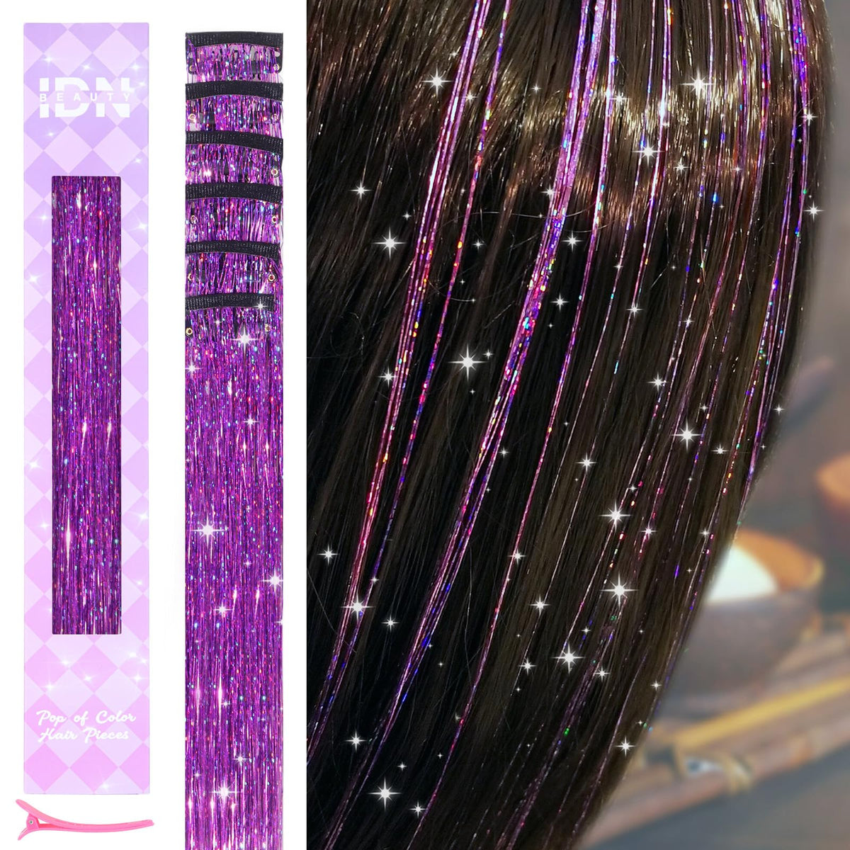 IDN BEAUTY front packaging showing six purple tinsel clips for quick styling