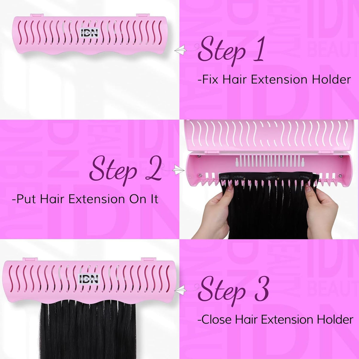 IDN BEAUTY holder mounted on mirror for hands-free washing and styling