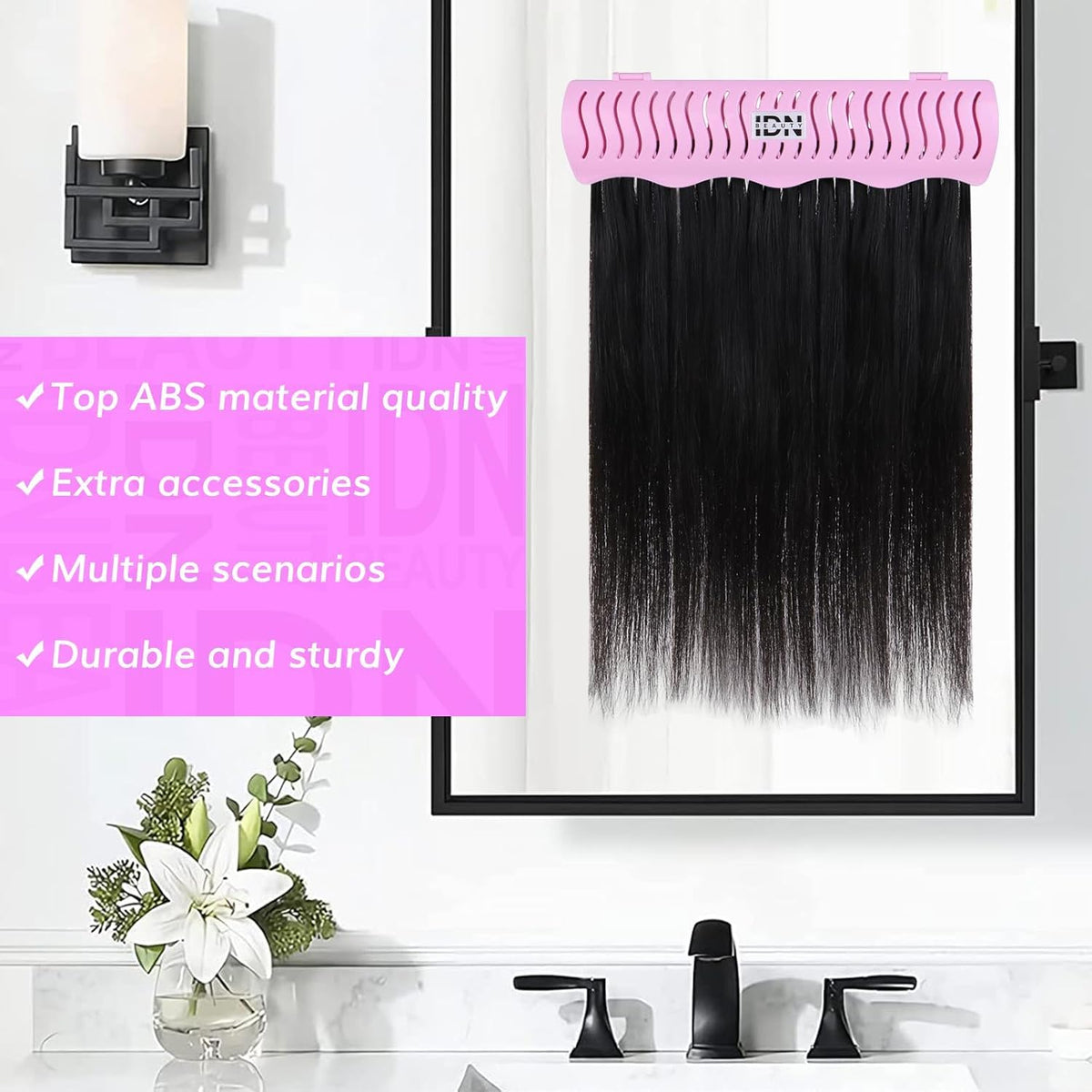 IDN BEAUTY holder supporting a wig for easy drying and styling