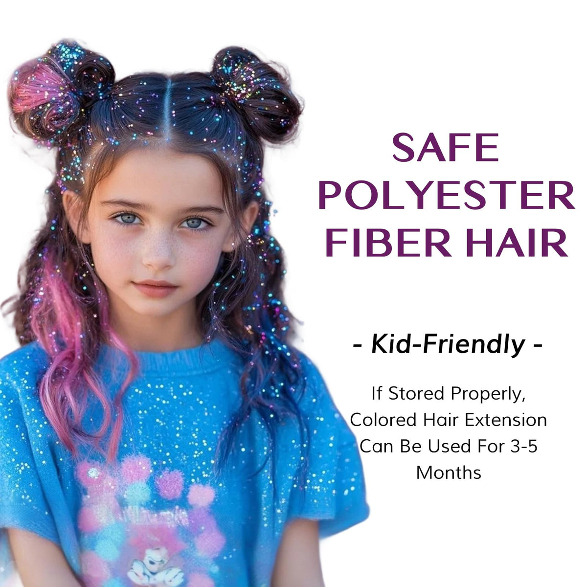 IDN BEAUTY child wearing purple tinsel smiling, safe and gentle on kids' hair