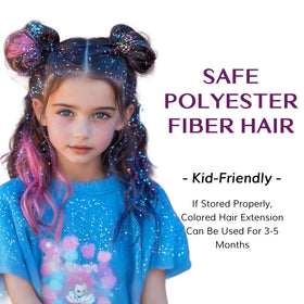 IDN BEAUTY child wearing purple tinsel smiling, safe and gentle on kids' hair