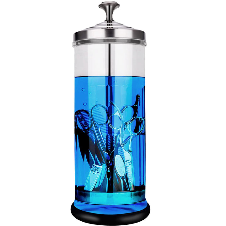 IEBARBER front view of glass sterilizer jar showing capacity and durable build