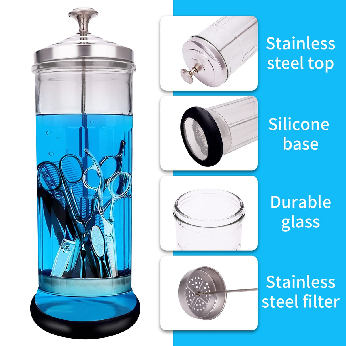 IEBARBER jar holding scissors and nippers soaking to demonstrate visible sanitation