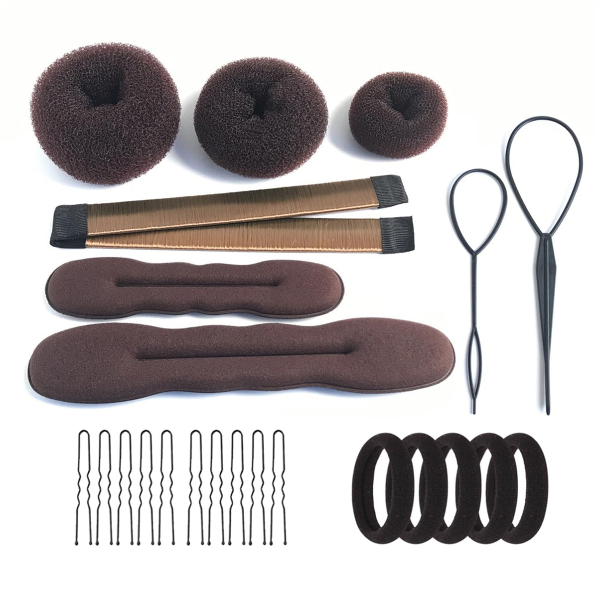 iFlyMars front packaging showing complete 38-piece brown bun styling kit and contents