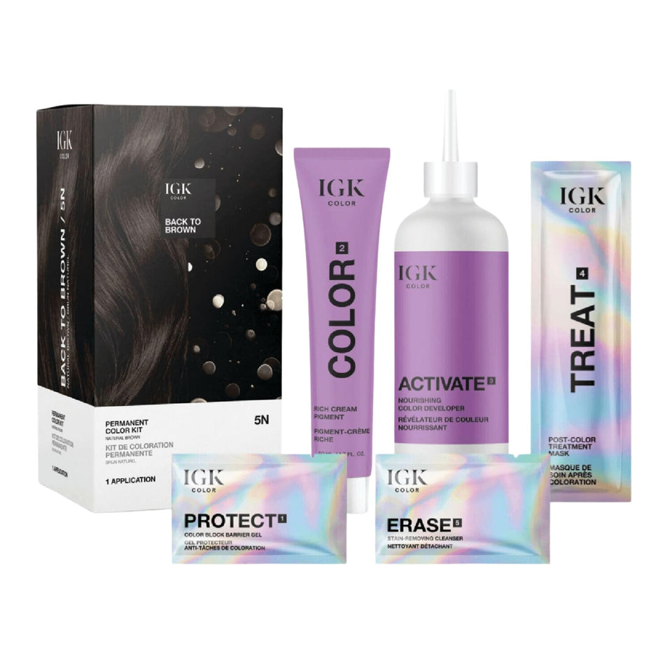 IGK 5N Back To Brown front packaging showing kit components and salon-quality promise