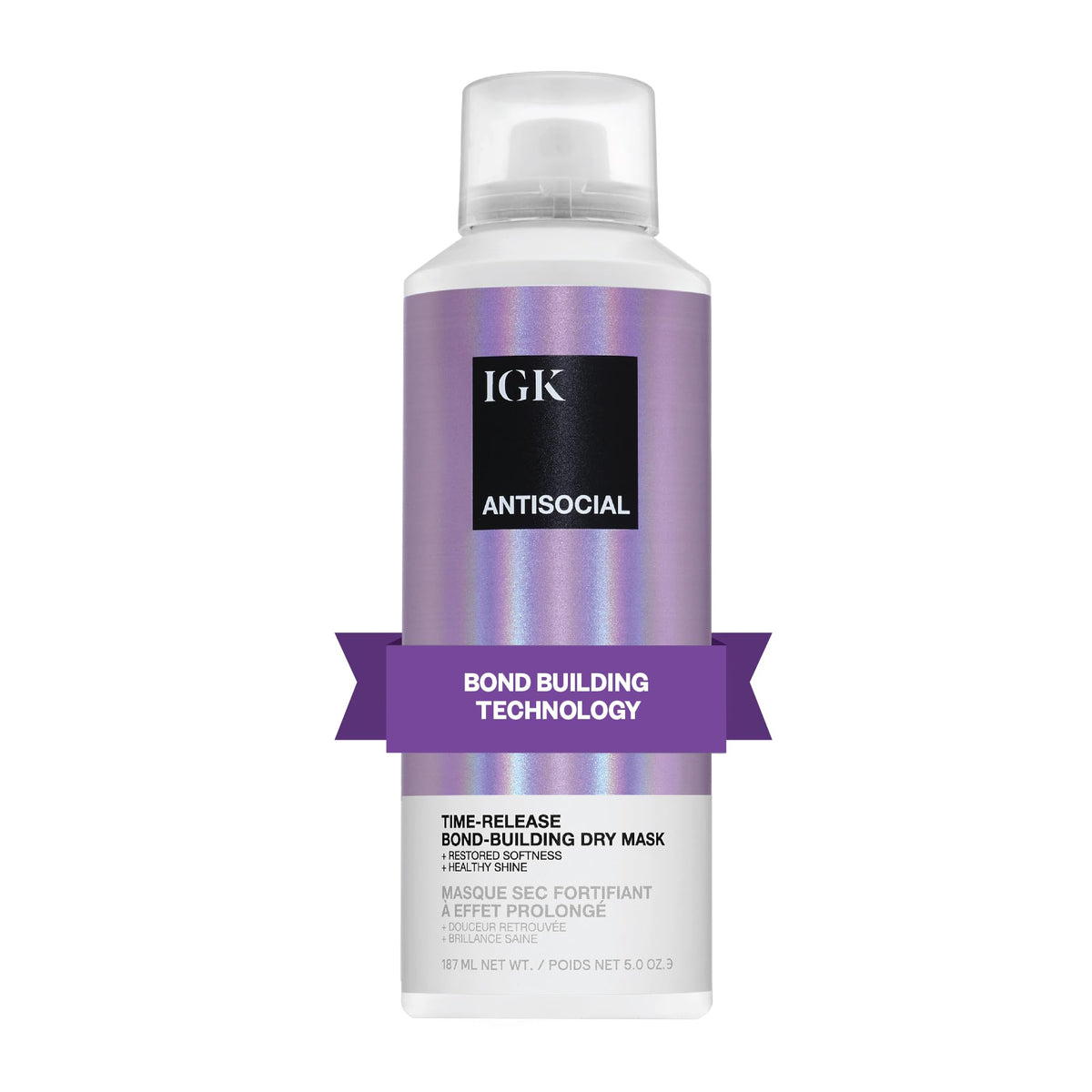 IGK Antisocial front packaging shows bottle and branding, promotes salon-grade repair