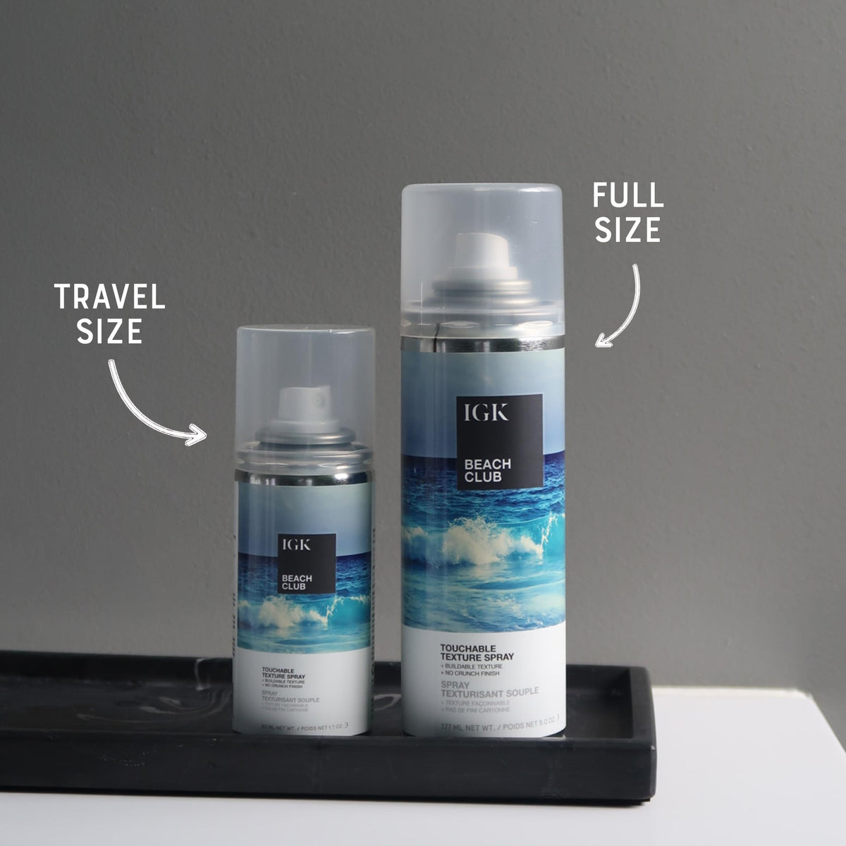 IGK travel size in hand demonstrating portable styling benefit
