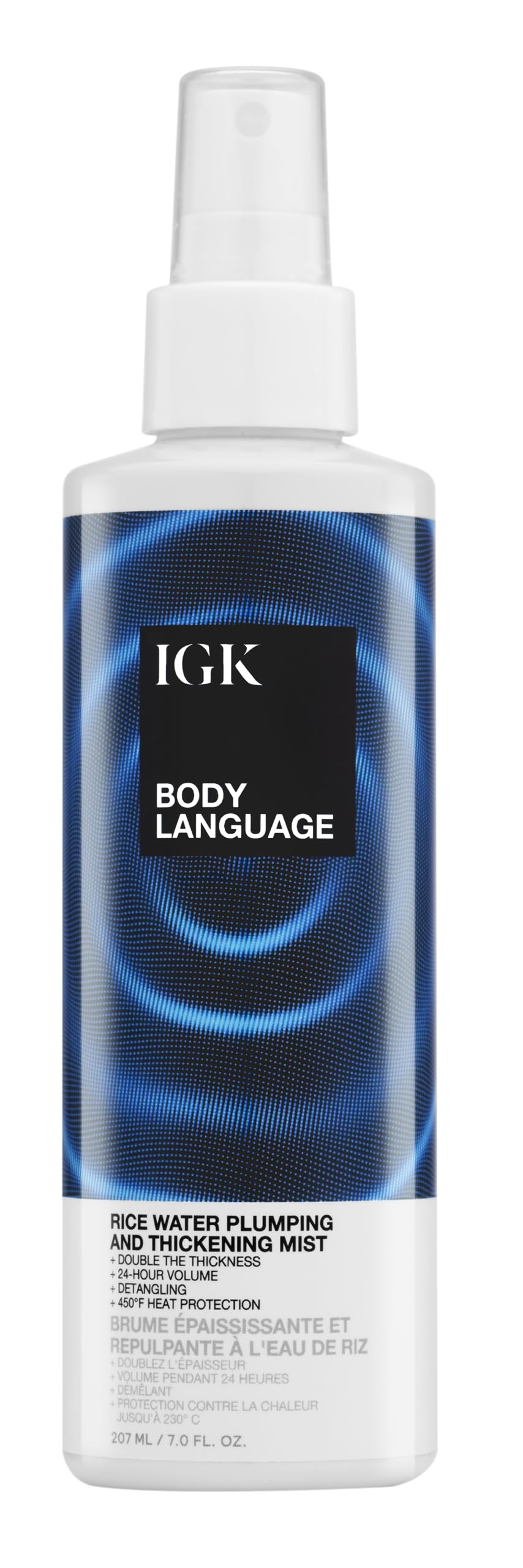 IGK bottle front packaging showing label and 5 oz size, highlights lightweight volume