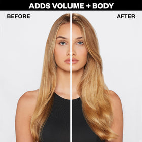 Stylist using IGK mist while blow-drying hair, creates visible lift and body