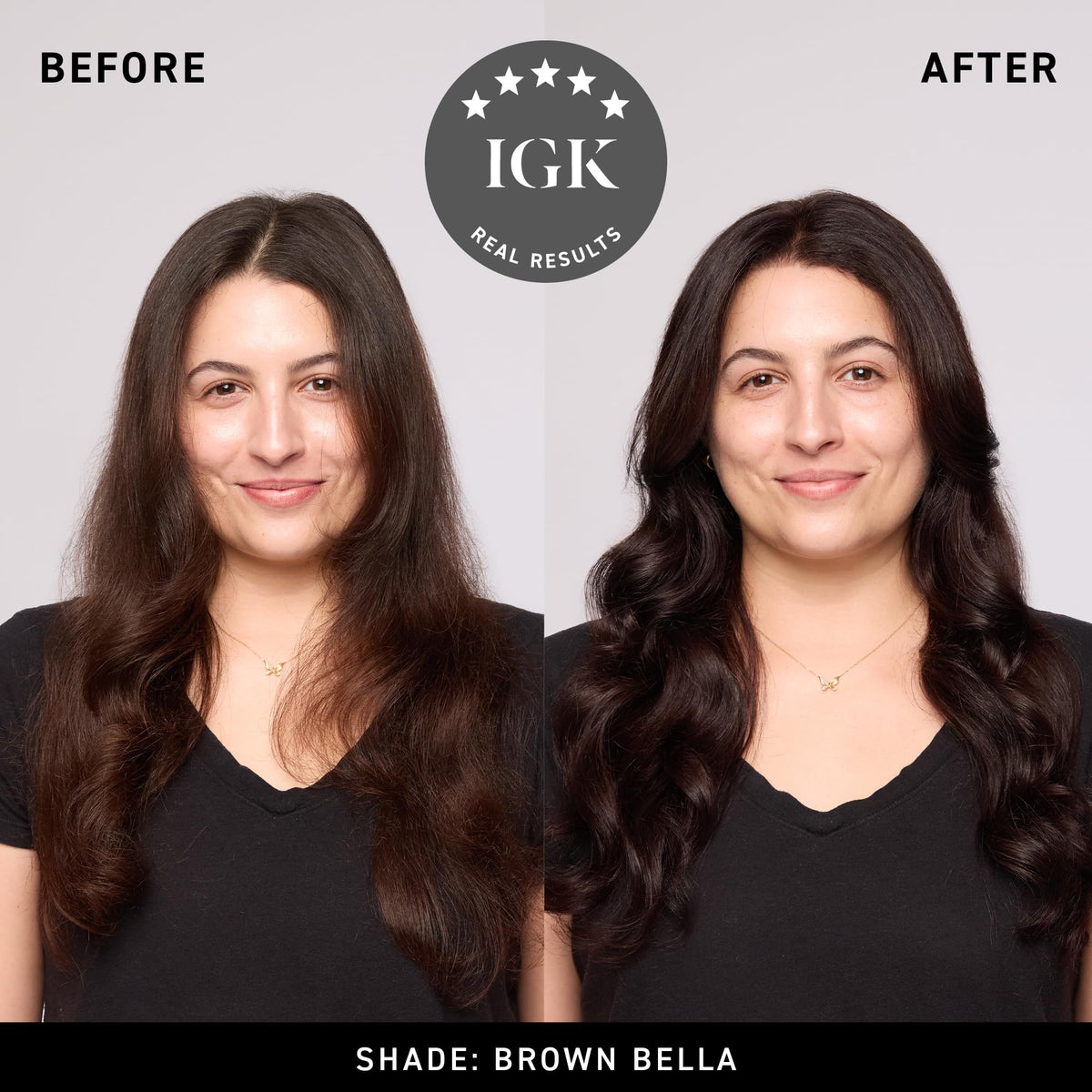 IGK Brown Bella applied to mid-lengths demonstrating even color deposition benefit