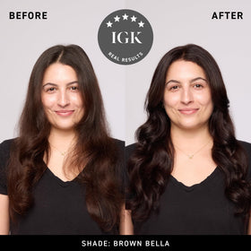 IGK Brown Bella applied to mid-lengths demonstrating even color deposition benefit