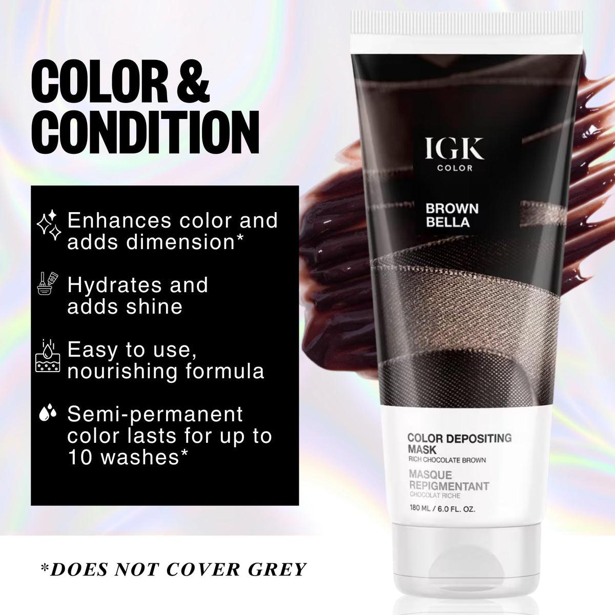 IGK Brown Bella before and after on medium brown hair showing depth enhancement benefit