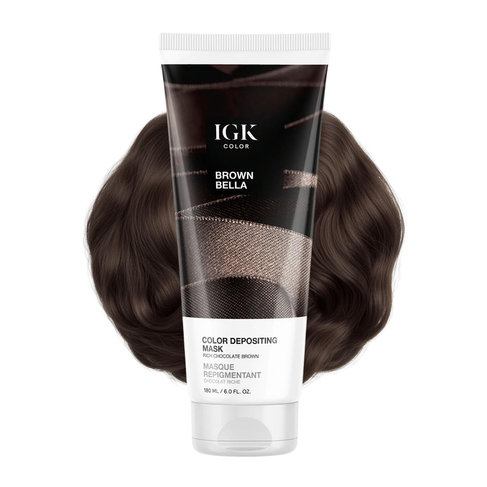 IGK Brown Bella front jar showing branding and glossy finish benefit