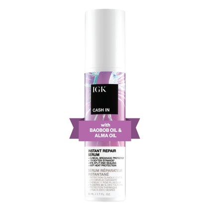 IGK CASH IN front packaging showing bottle and label with repair benefits