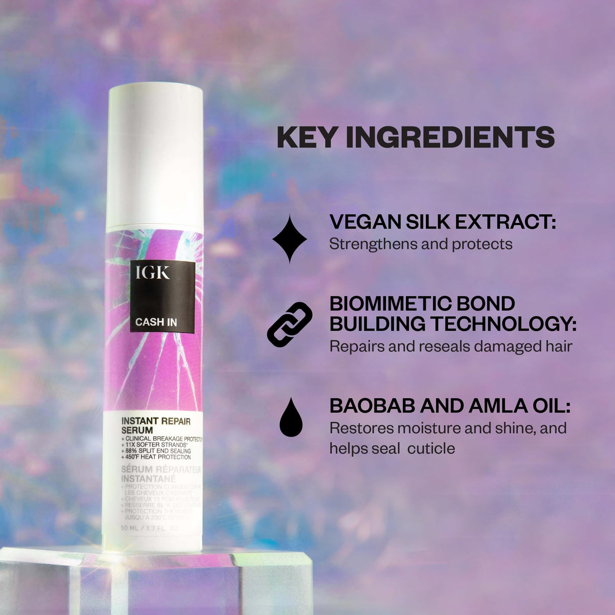 IGK CASH IN serum texture on hand highlighting lightweight slip and softness