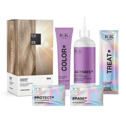 IGK front packaging of 9NA Surf Club showing salon-quality benefits