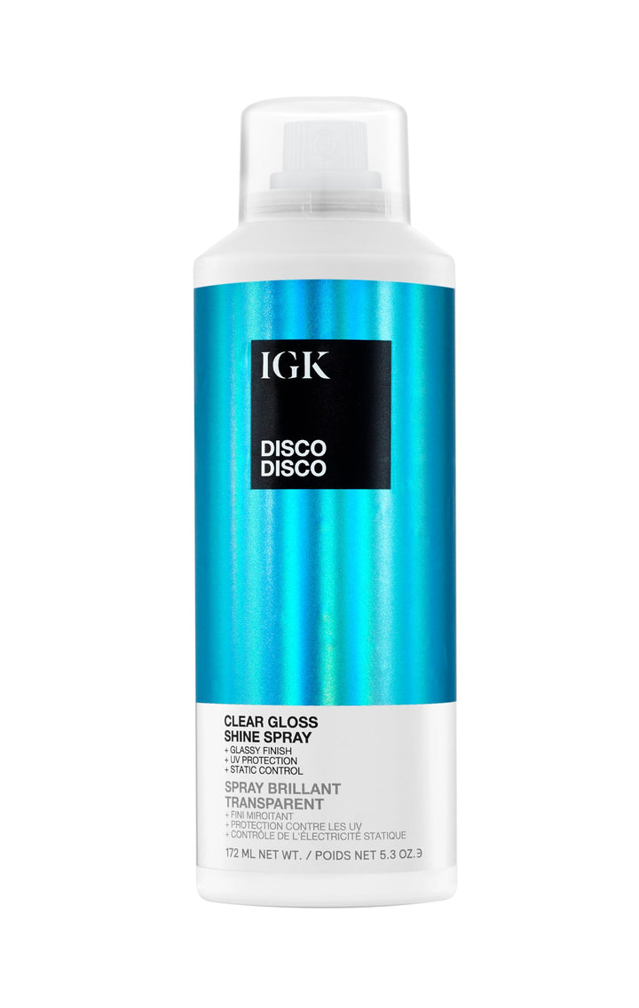 IGK spray bottle front packaging showing branding and gloss benefit