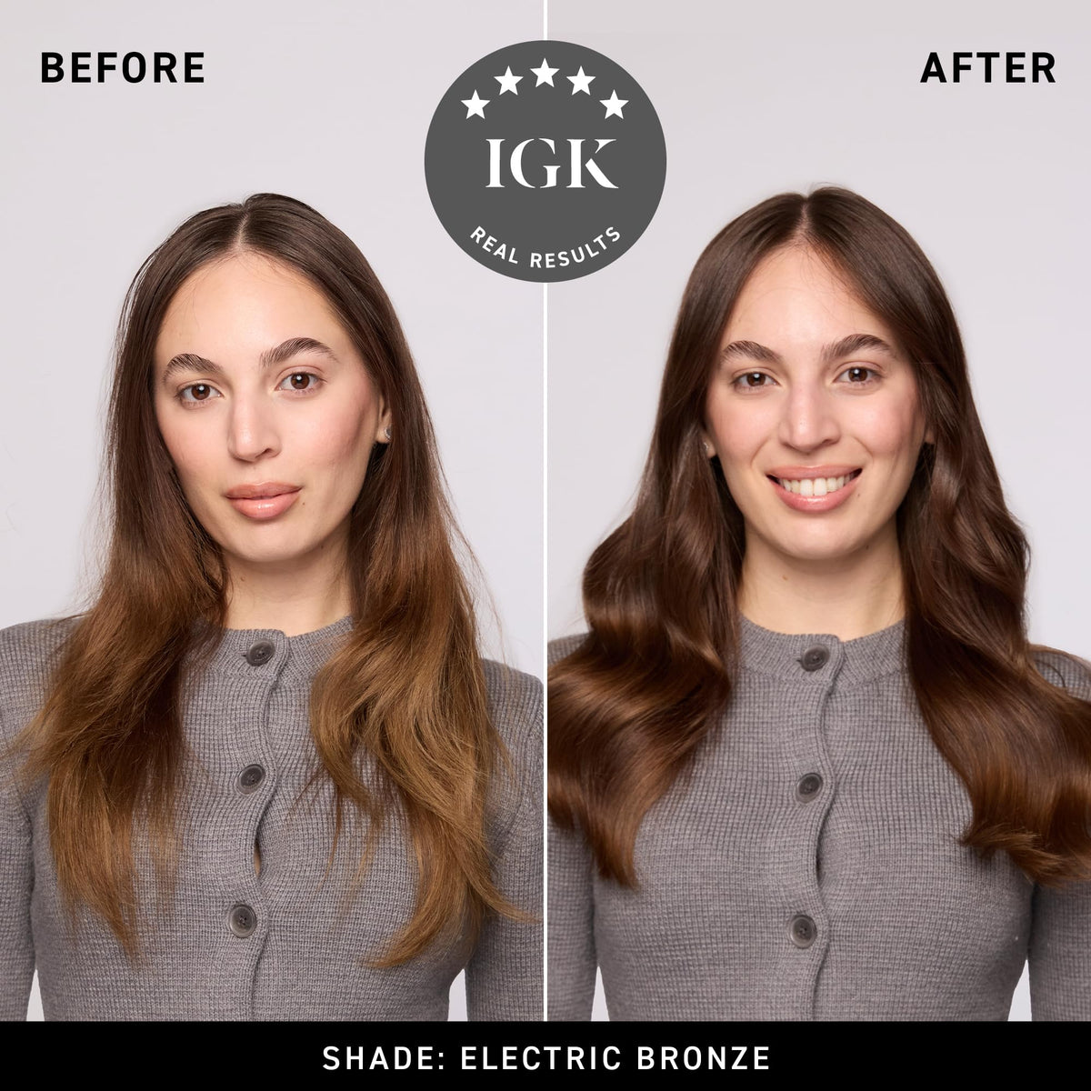 IGK Electric Bronze applied to a hair strand illustrating color deposit and coverage