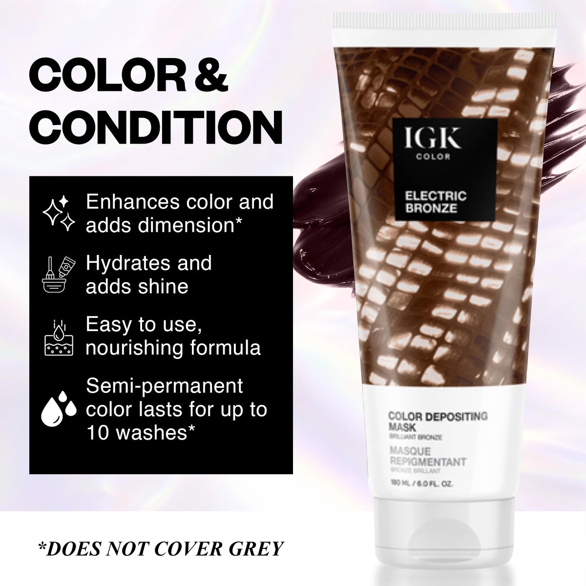 IGK Electric Bronze before and after on warm brunette demonstrating enhanced bronze tones