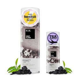 IGK First Class front packaging showing full and travel cans for easy refresh