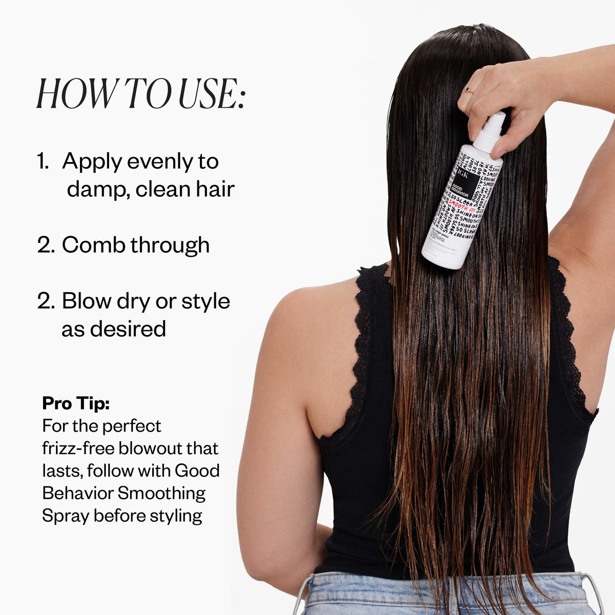 IGK before and after image showing frizz control and smoother finish benefit