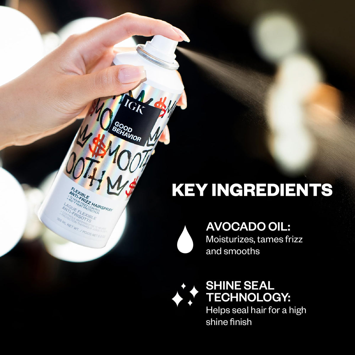 IGK Good Behavior close-up label listing spirulina protein and avocado oil benefits