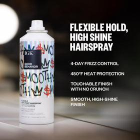IGK Good Behavior spray nozzle in action delivering even mist for lightweight hold