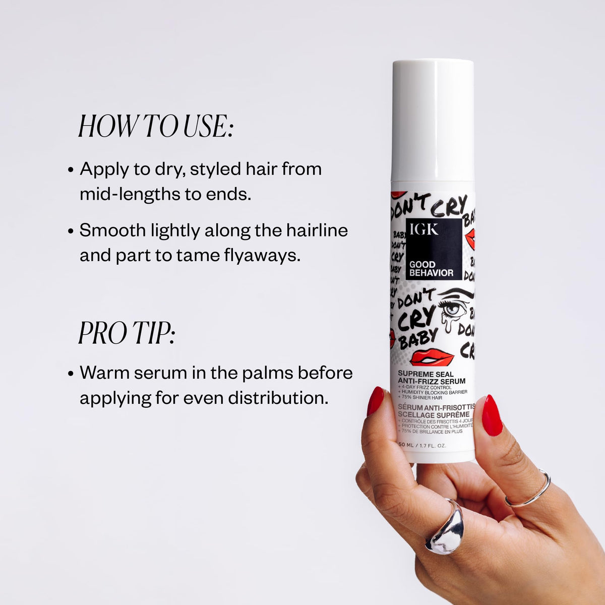 IGK texture close-up showing lightweight serum for glossy finish