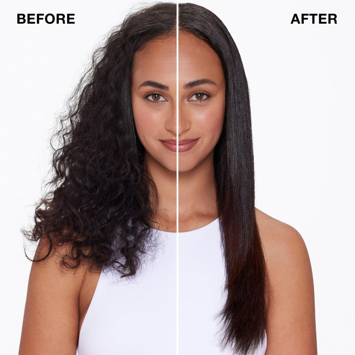 IGK before and after hair shot showing keratin-like glossy finish and manageability