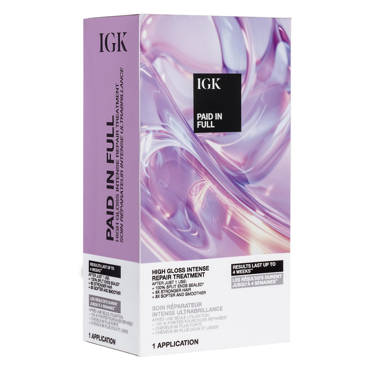 IGK front packaging showing treatment and glossy finish benefit