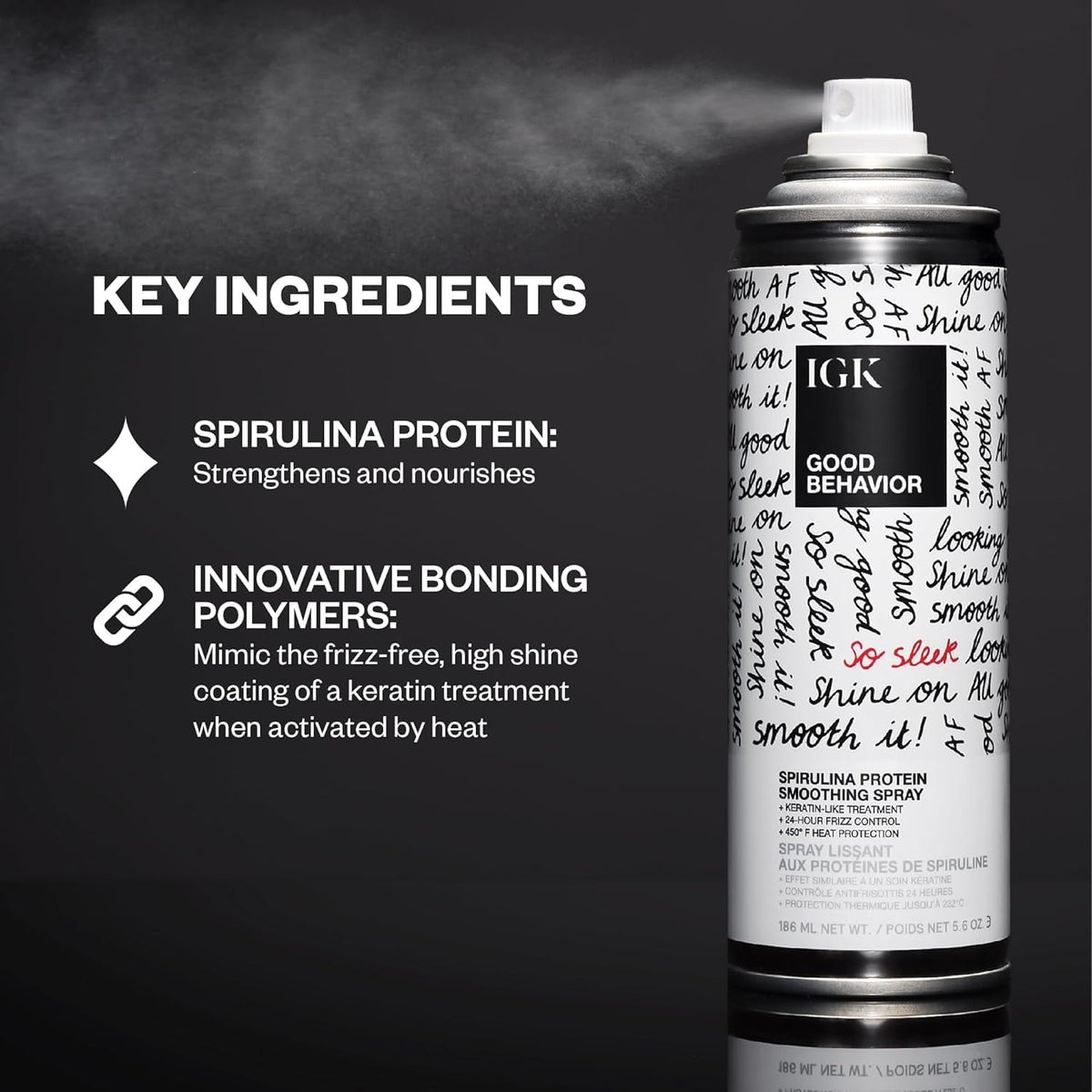 IGK spray mist being applied to damp hair, delivering even coverage and manageability