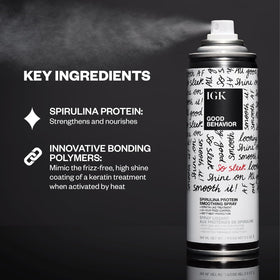 IGK spray mist being applied to damp hair, delivering even coverage and manageability