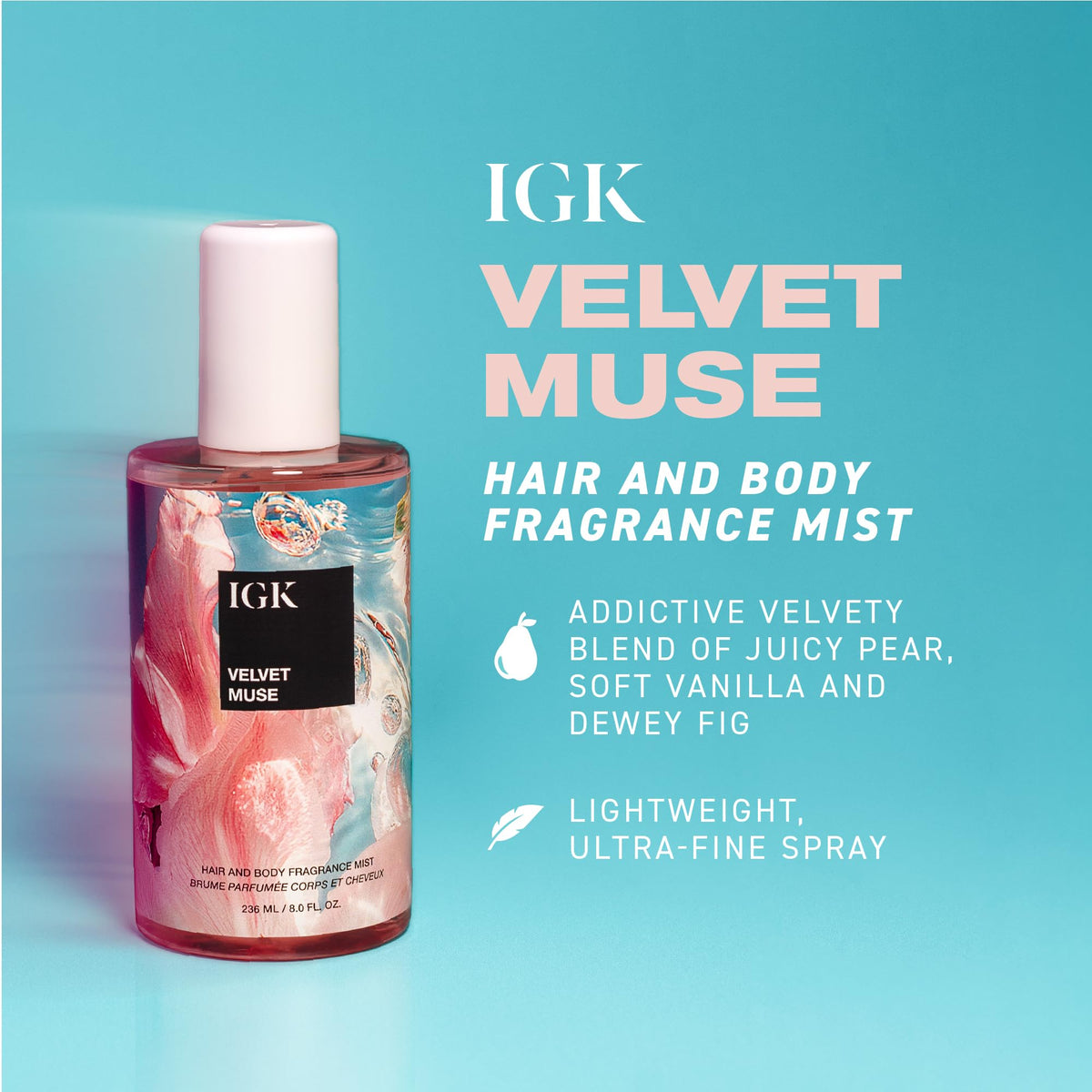 IGK Velvet Muse mist spraying to show ultra-fine dispersion and long-lasting fragrance