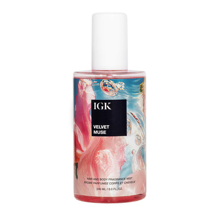 IGK Velvet Muse front bottle showing scent profile and benefit of lightweight application