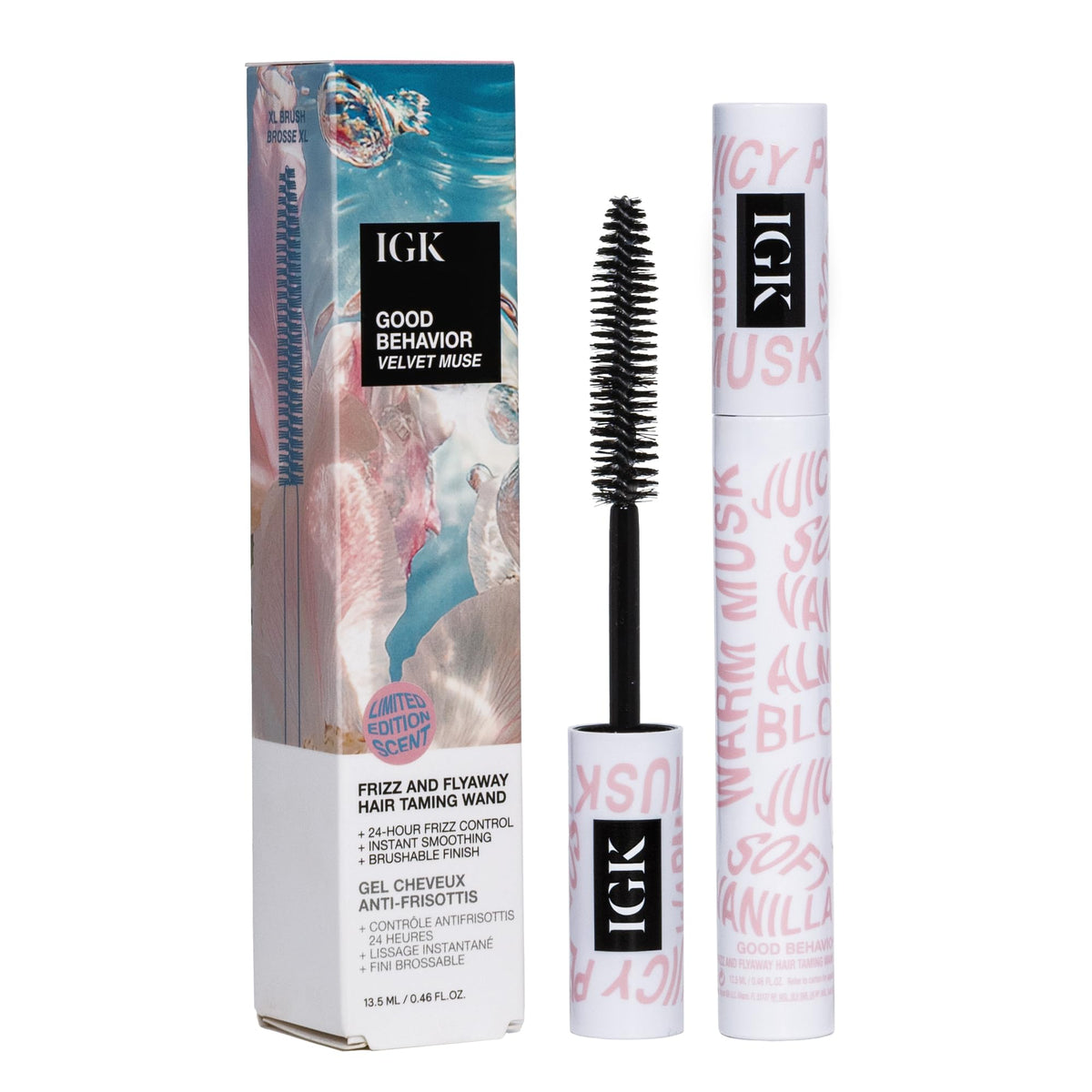 IGK Velvet Muse front packaging showing compact taming wand and branding benefits