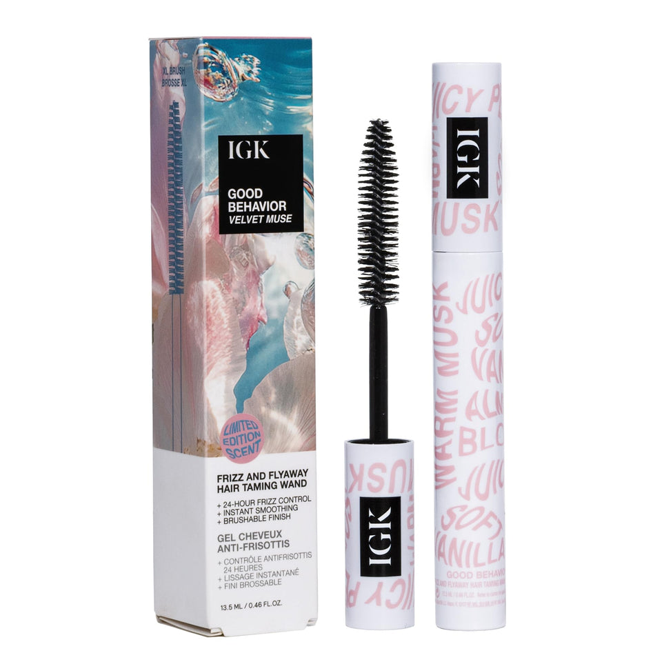 IGK Velvet Muse front packaging showing compact taming wand and branding benefits