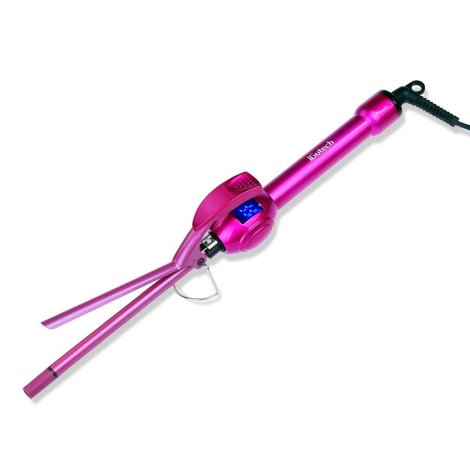 iGutech 9mm curling iron front view showing slim pink barrel and handle for precision styling