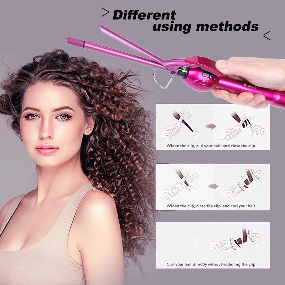 iGutech curling iron held in hand to show compact length and lightweight travel convenience