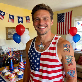 IKFOVF teen wearing arm and face tattoos for festive Independence Day look