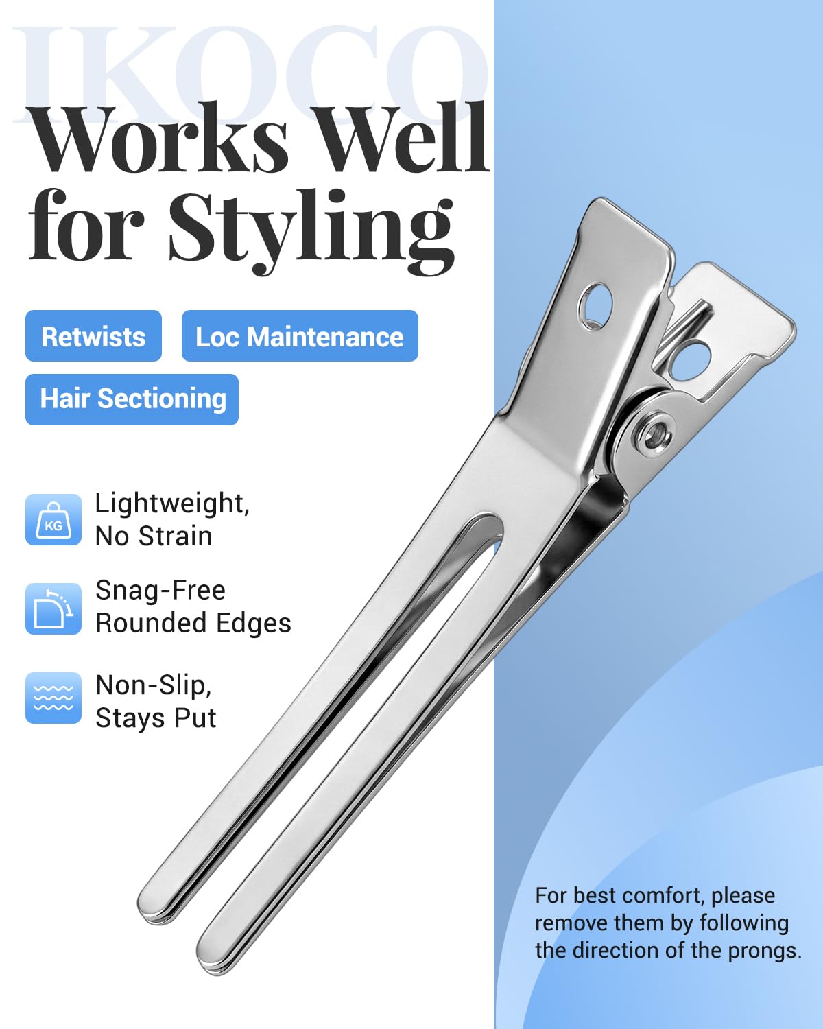 IKOCO close-up metal double-prong clip detail for secure hold